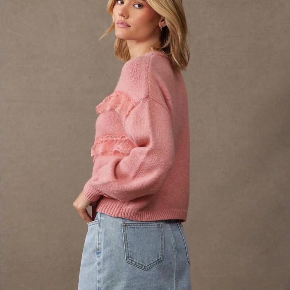 Brand new Zara Pink Lace-Ruffle V-Neck Cardigan - Size M - Picture 3 of 4